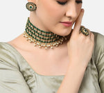 Thumbnail for Jewel City Indian Gold-Plated & Green Alloy Gold-Plated Kundan-Studded & Beaded Jewellery Set - Distacart