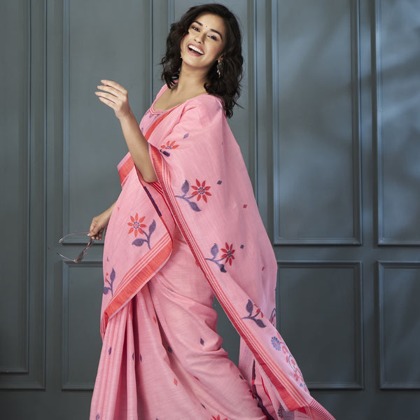 Anaita Pink Designer Weaving Handloom Linen Saree With Blouse - Distacart