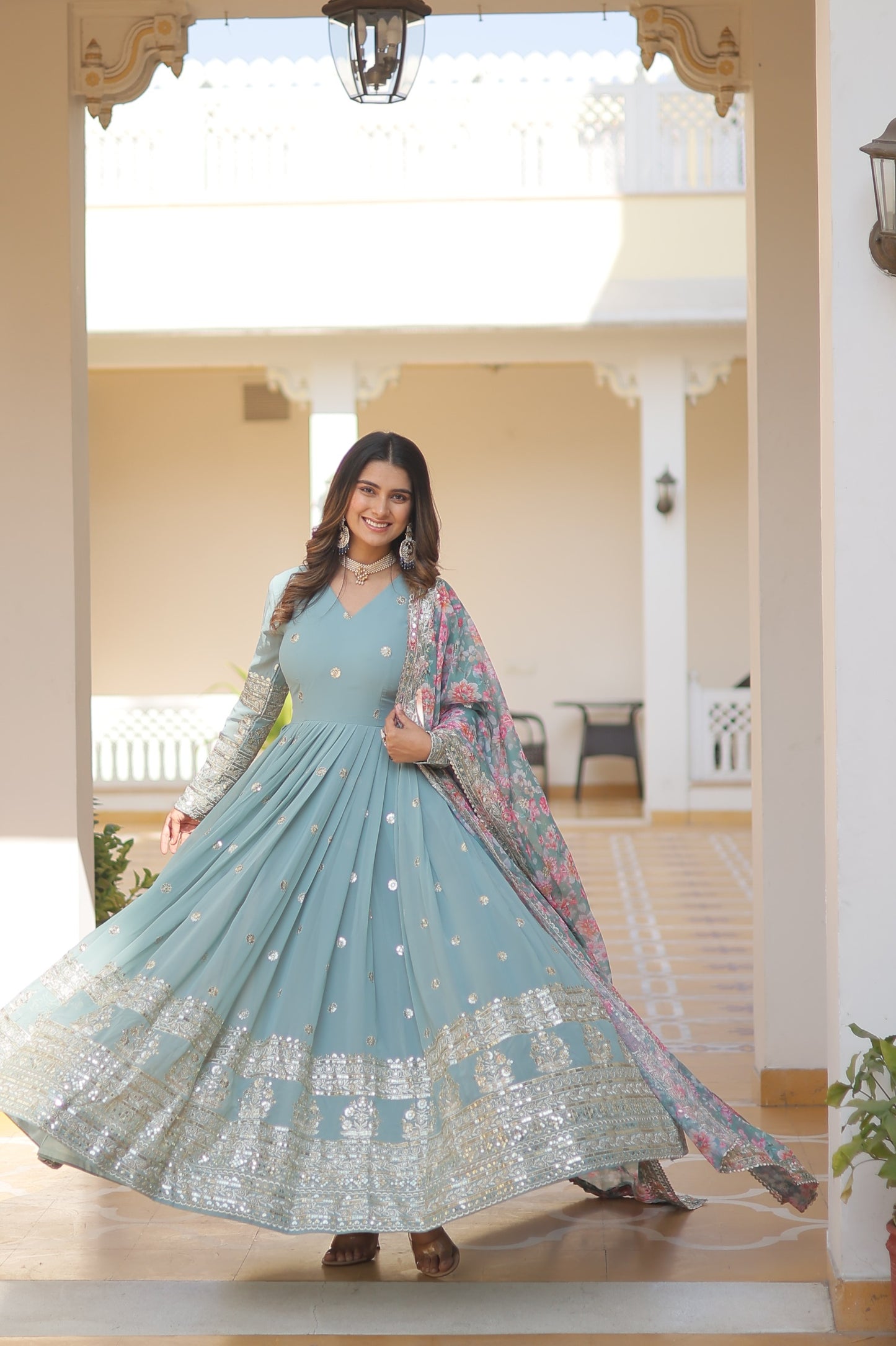 Anaita Sky Blue Georgette Readymade Anarkali Suit with Zari & Sequence Work - Dista