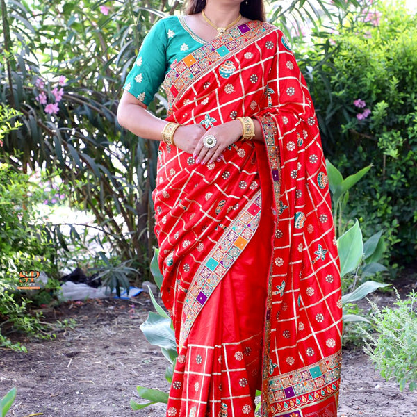 Lorenvalley Fashion Premium Red Dola Silk Embroidery and Diamond work with Jacquard Lace Border Saree - Distacart