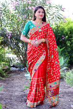 Thumbnail for Lorenvalley Fashion Premium Red Dola Silk Embroidery and Diamond work with Jacquard Lace Border Saree - Distacart