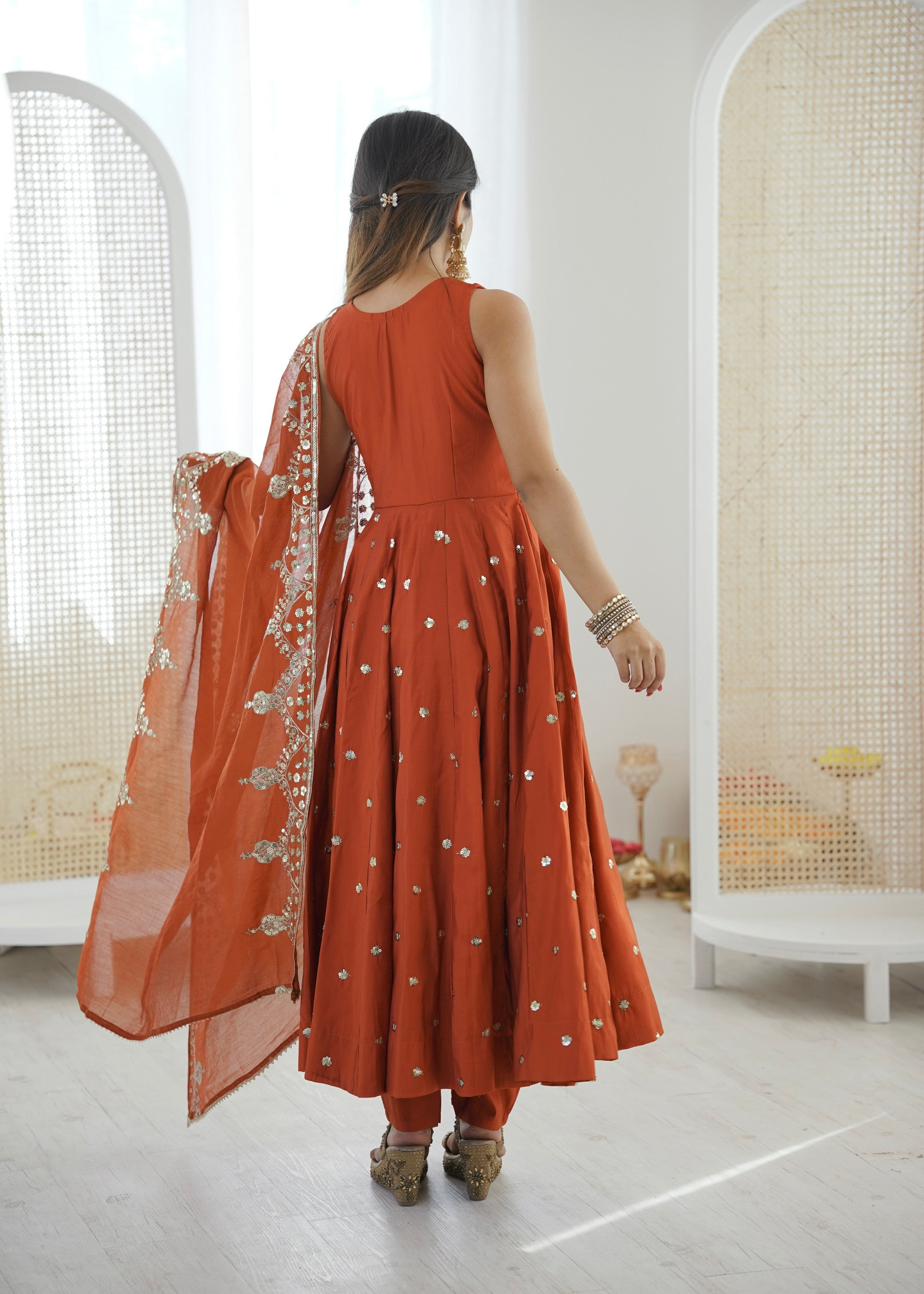 Anaita Rust Silk Readymade Anarkali Suit with Embroidery & Sequence Work - Dista