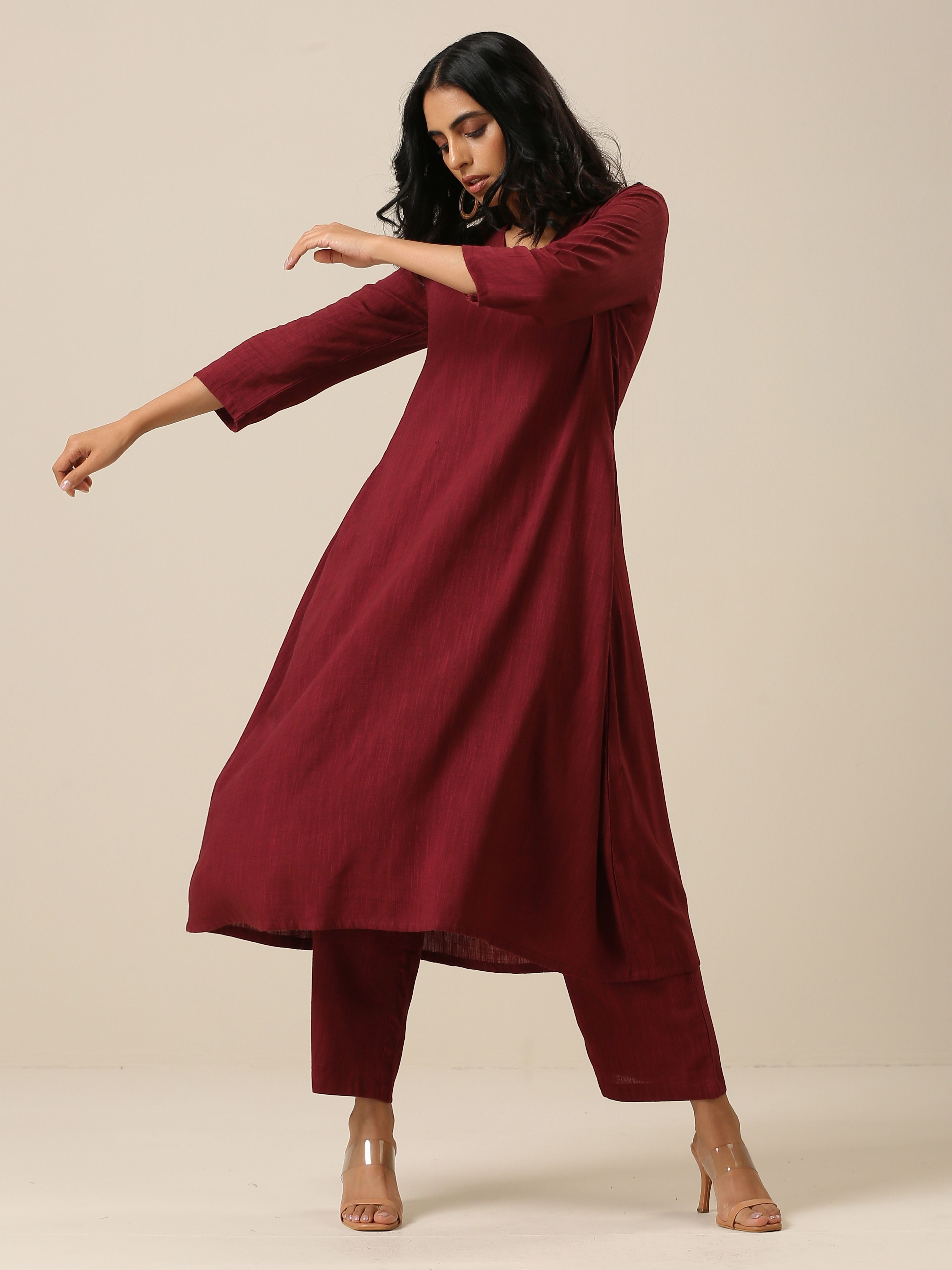 trueBrowns Ruby Wine Slub Texture Back Pleat Kurta Pant Set - Distacart