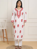 Thumbnail for HOUSE OF KARI Women Floral Embroidered Regular Chikankari Pure Cotton Kurta with Trousers - Distacart