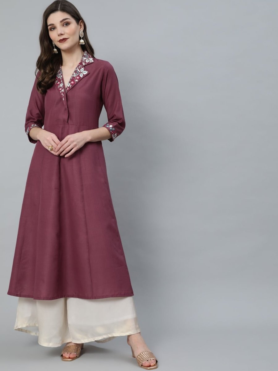 Aks Notched Lapel Collar Thread Work A-Line Kurta - Distacart