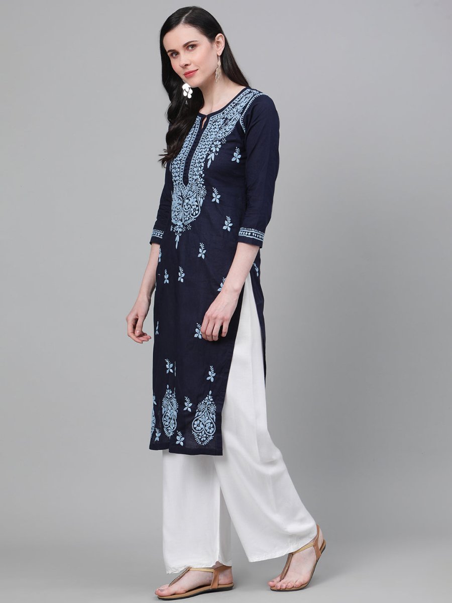 ADA Women Blue Chikankari Hand Embroidered Cotton Straight Sustainable Handloom Kurta - Distacart