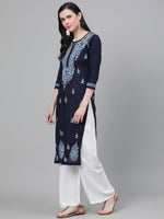 Thumbnail for ADA Women Blue Chikankari Hand Embroidered Cotton Straight Sustainable Handloom Kurta - Distacart