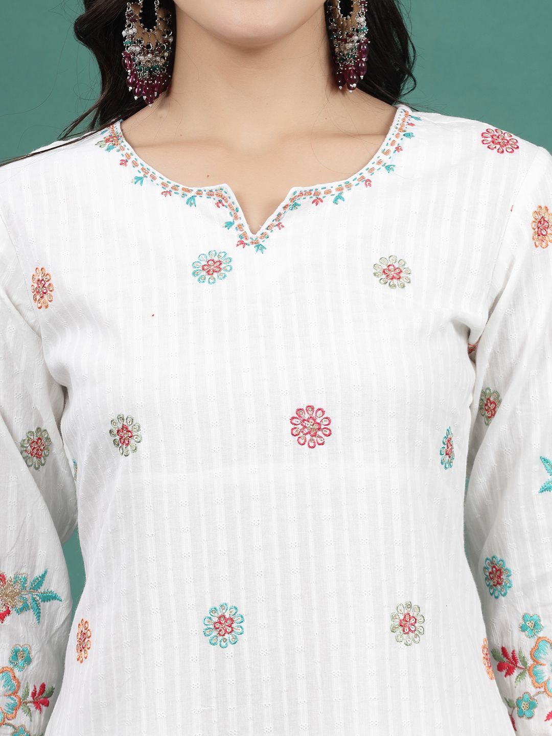 Sangria Embroidered Notch Neck Straight Kurta With Palazzo & Dupatta Set - Distacart