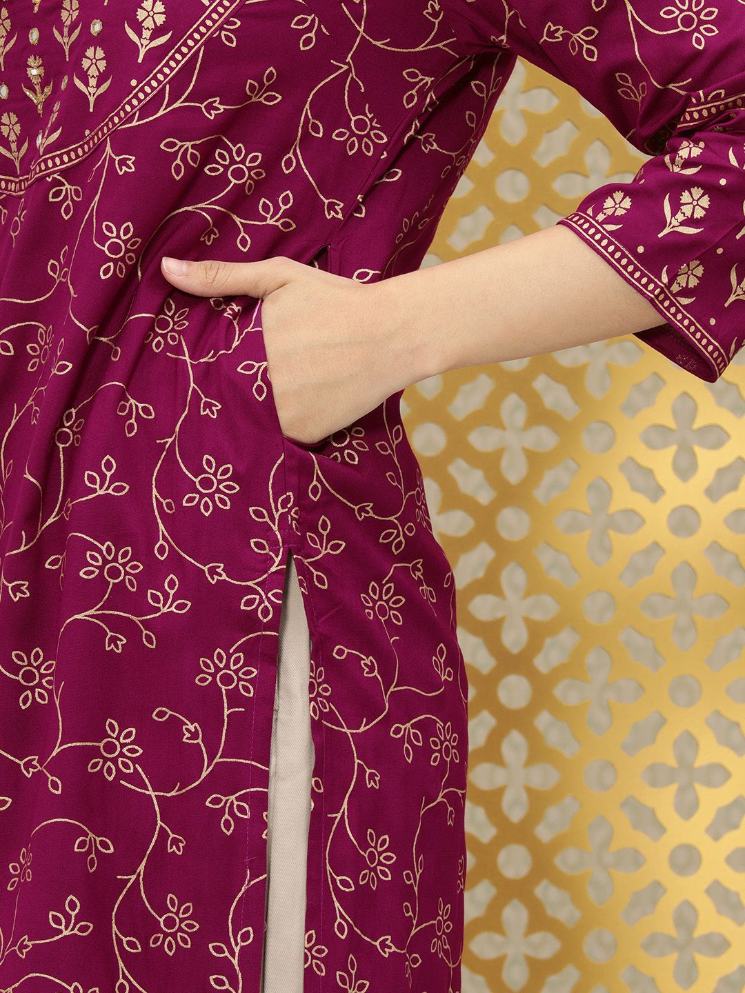 Ode by House of Pataudi Women Magenta Pink Floral Embellished Mirror Work Kurta - Distacart