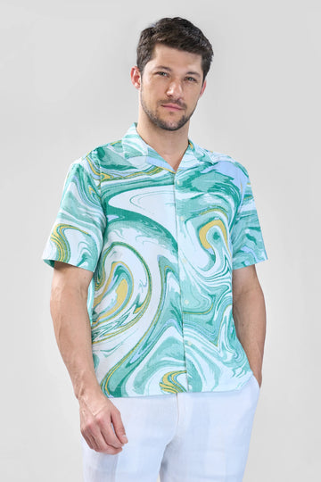 Xkind Green Fine Cord Drop Shoulder Printed Relaxed Fit Shirt - Distacart