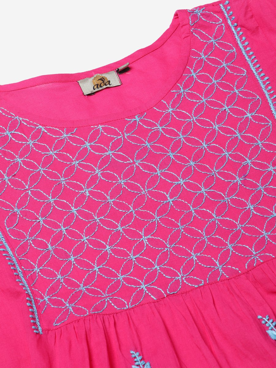ADA Women Pink & Blue Chikankari Embroidered Cotton Handloom Kurta with Trousers - Distacart