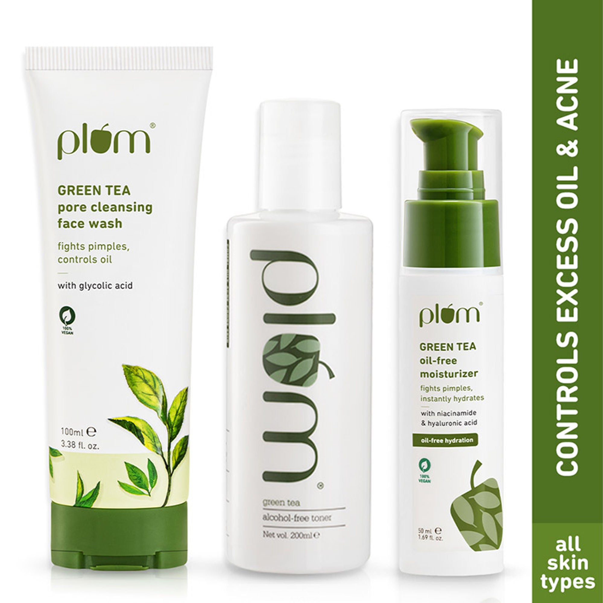 Plum Green Tea Face Wash, Toner & Moisturizer Kit for Acne-Free Skin & Oil-Free Hydration