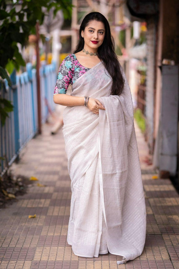 Grey Linen Sequence Saree with Unstitched Blouse - Hiral Fashion - Distacart