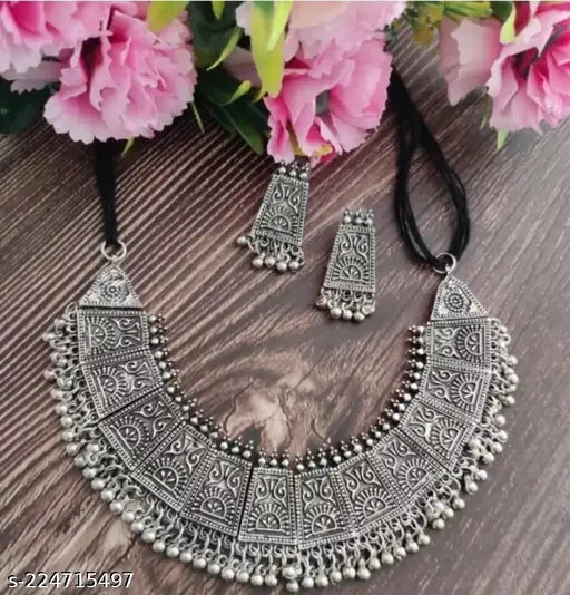 Tehzeeb Creations Women's German Silver Oxidised Necklace And Earrings - Distacart