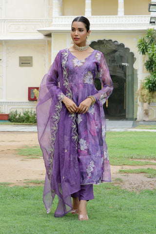 Vaasva Women Purple Embroidered Anarkali Kurta With Solid Pant & Dupatta - Distacart
