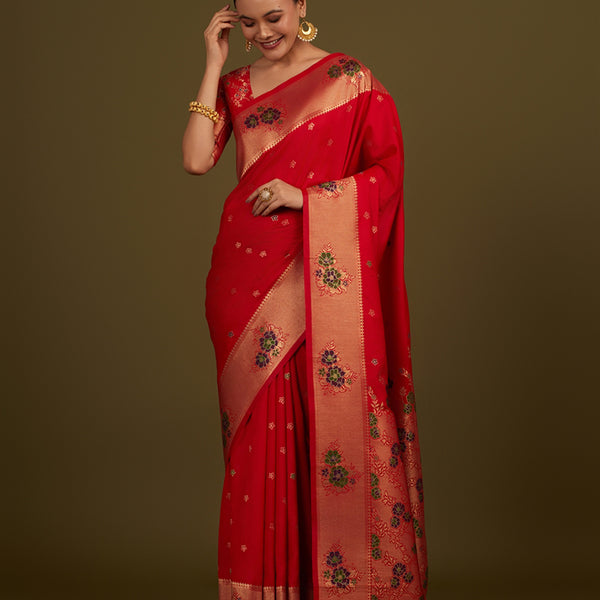 Monjolika Fashion Red Woven Silk Blend SareeWith Zari Work & Floral Motifs - Distacart