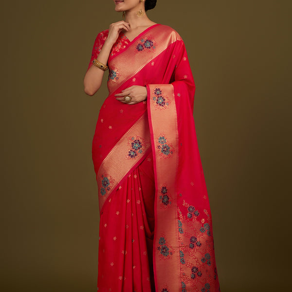 Monjolika Fashion Pink Woven Silk Blend SareeWith Zari Work & Floral Motifs - Distacart