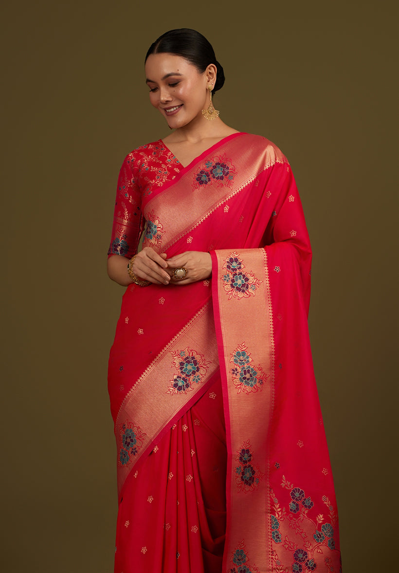 Monjolika Fashion Pink Woven Silk Blend SareeWith Zari Work & Floral Motifs - Distacart