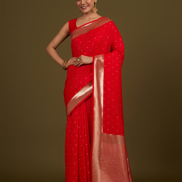 Monjolika Fashion Red Woven Silk Blend SareeWith Zari Work & Floral Motifs - Distacart