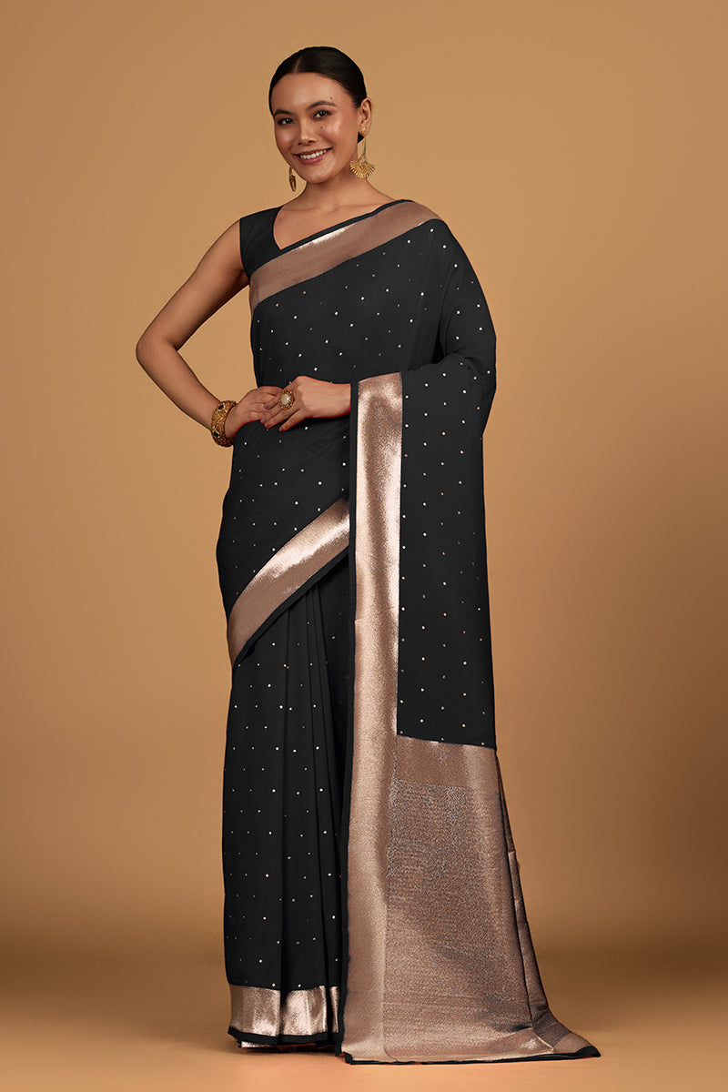 Monjolika Fashion Black Color Elegant Banarasi Silk SareeWith Gold Zari Weaving Work - Distacart
