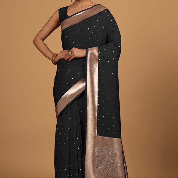 Monjolika Fashion Black Color Elegant Banarasi Silk SareeWith Gold Zari Weaving Work - Distacart