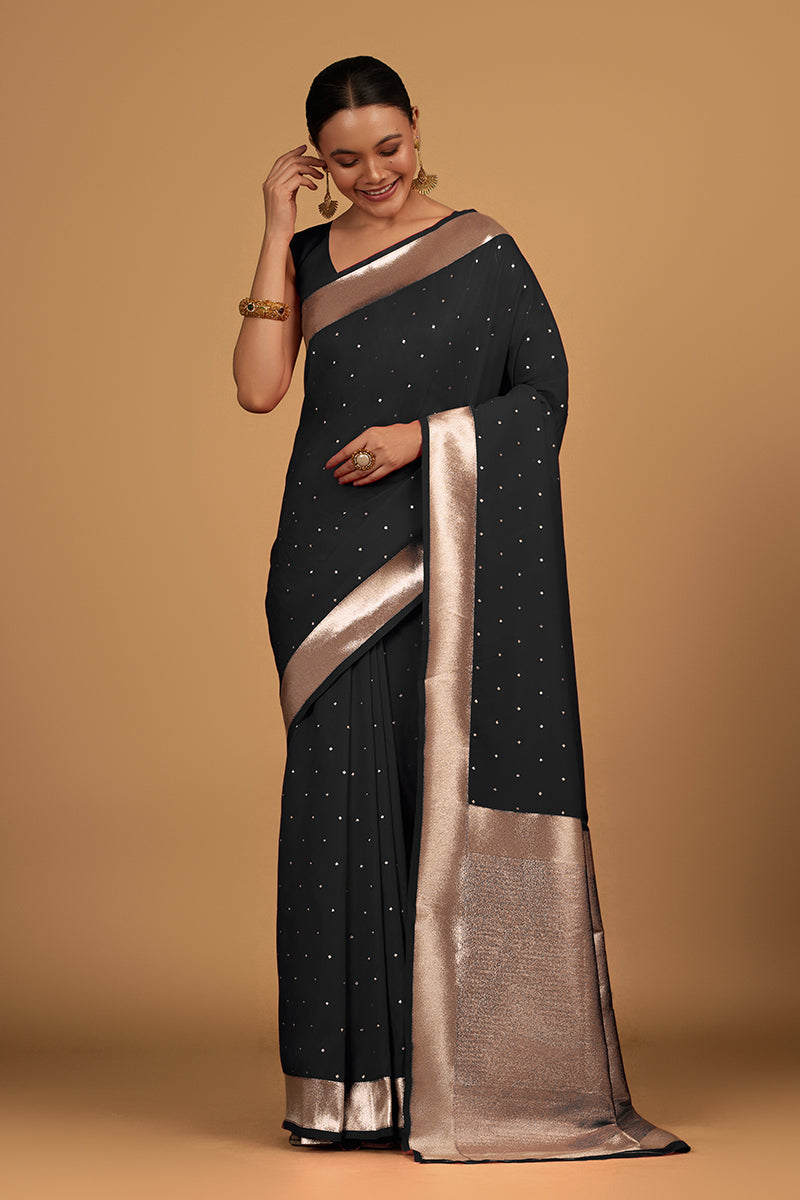 Monjolika Fashion Black Color Elegant Banarasi Silk SareeWith Gold Zari Weaving Work - Distacart