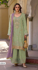 Thumbnail for Anaita Sea Green Heavy Chinon Suit With Embroidery Bits Work - Distacart