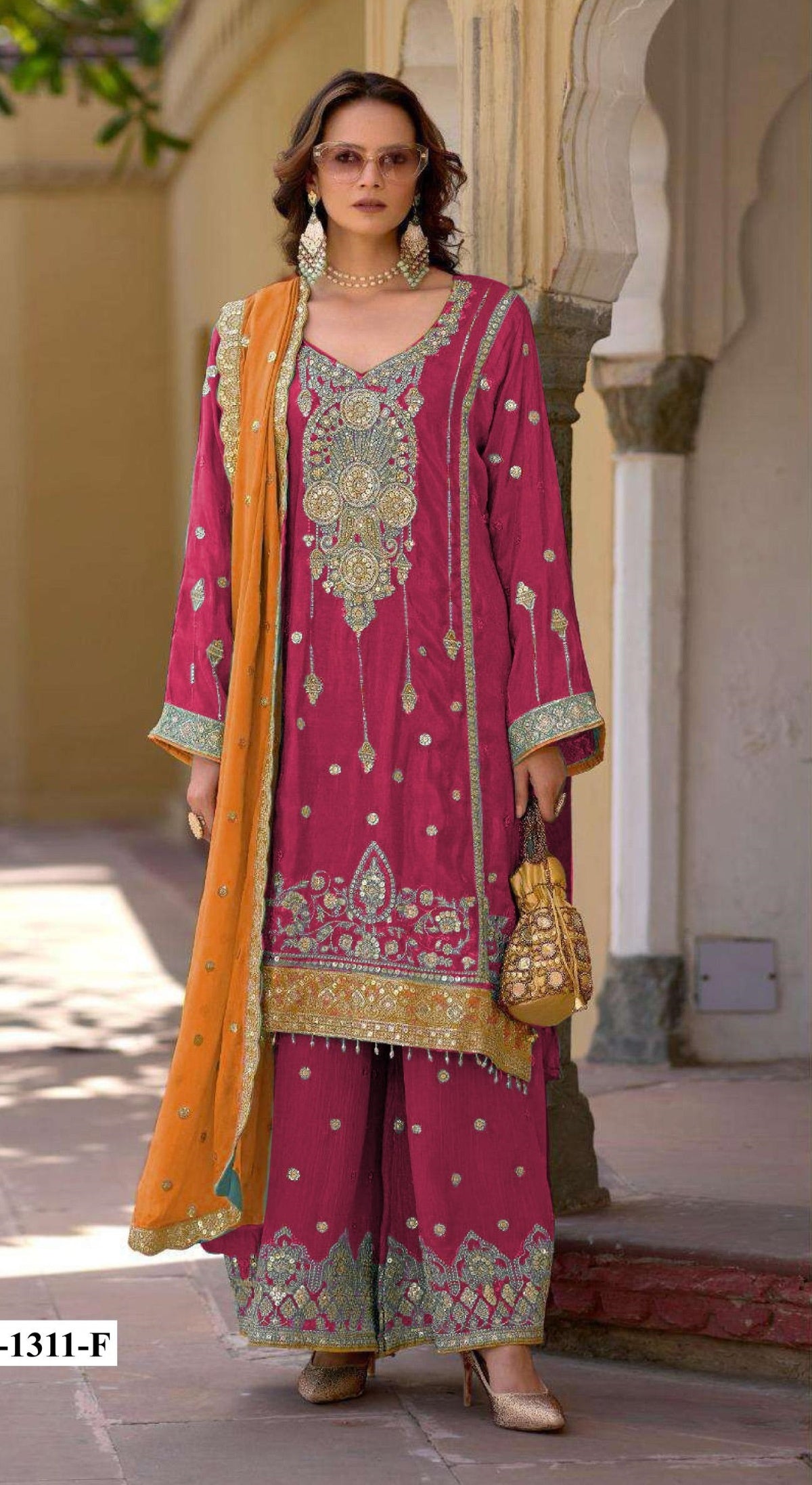 Anaita Red Heavy Chinon Suit With Embroidery Bits Work - Distacart