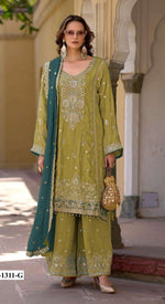 Thumbnail for Anaita Green Heavy Chinon Suit With Embroidery Bits Work - Distacart