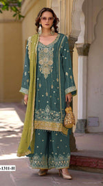 Thumbnail for Anaita Teal Green Heavy Chinon Suit With Embroidery Bits Work - Distacart