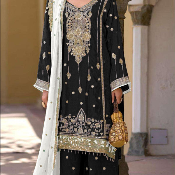 Anaita Black Heavy Chinon Suit With Embroidery Bits Work - Distacart
