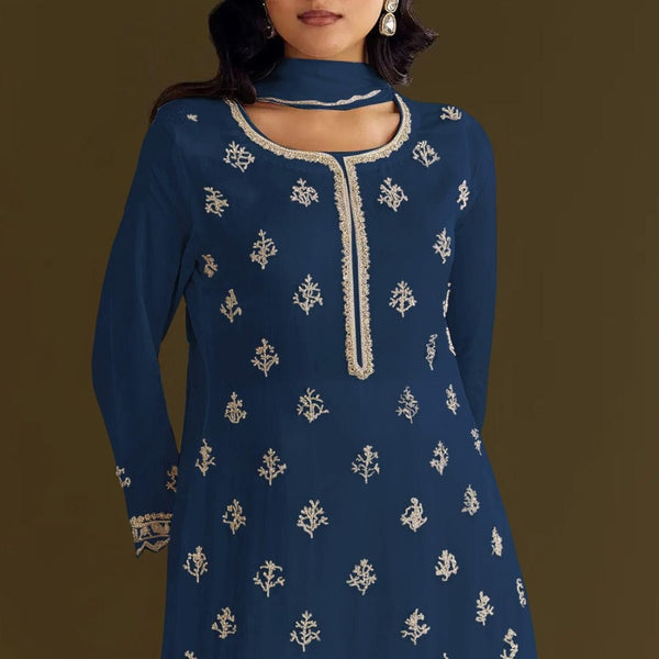 Anaita Navy Blue Heavy Chinon Suit With Embroidery Bits Work - Distacart