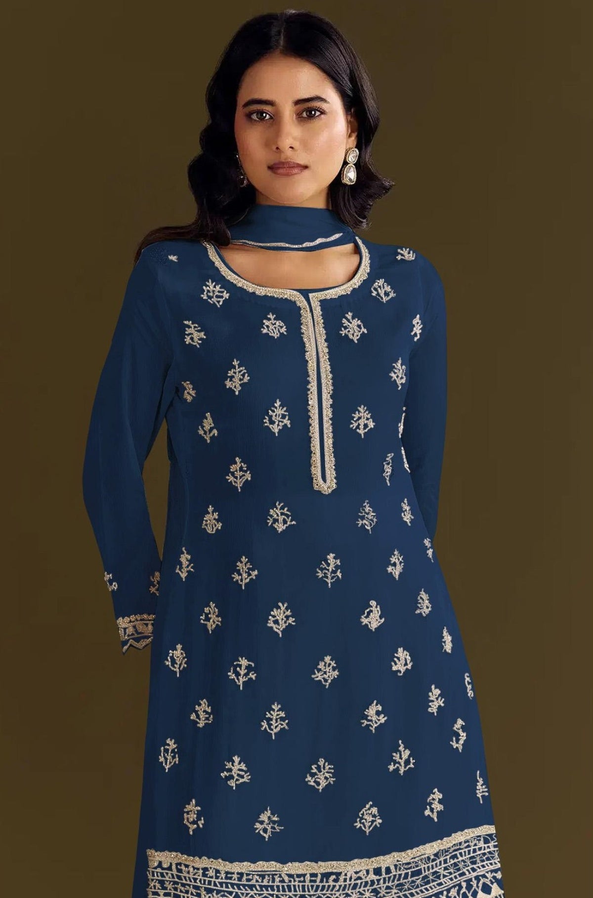 Anaita Navy Blue Heavy Chinon Suit With Embroidery Bits Work - Distacart