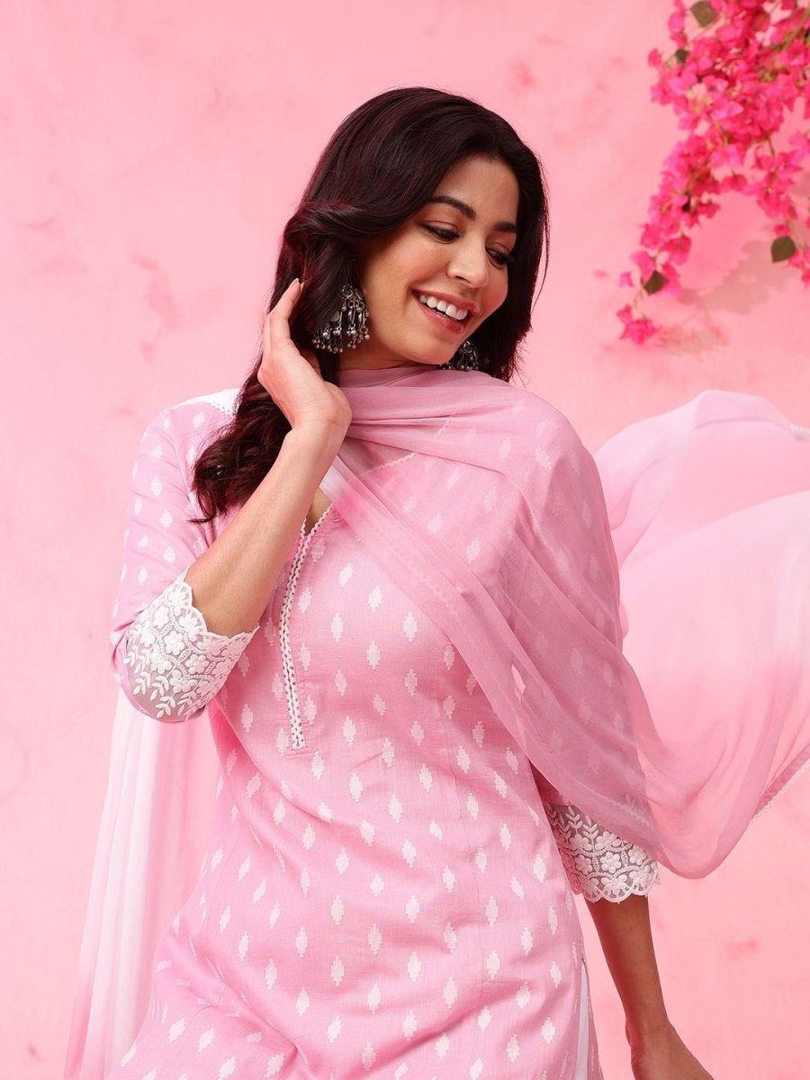 Anouk Geometric Self Design Pure Cotton Kurta with Trousers & Dupatta - Distacart