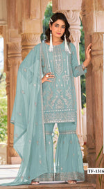 Thumbnail for Anaita Sky Blue Nylon Organza Suit With Embroidery & Mirror Work - Distacart