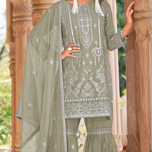 Anaita Sea Green Nylon Organza Suit With Embroidery & Mirror Work - Distacart