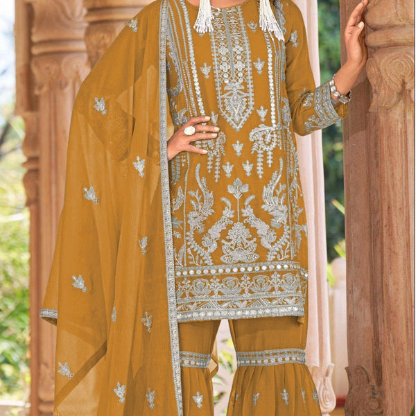 Anaita Gold Nylon Organza Suit With Embroidery & Mirror Work - Distacart