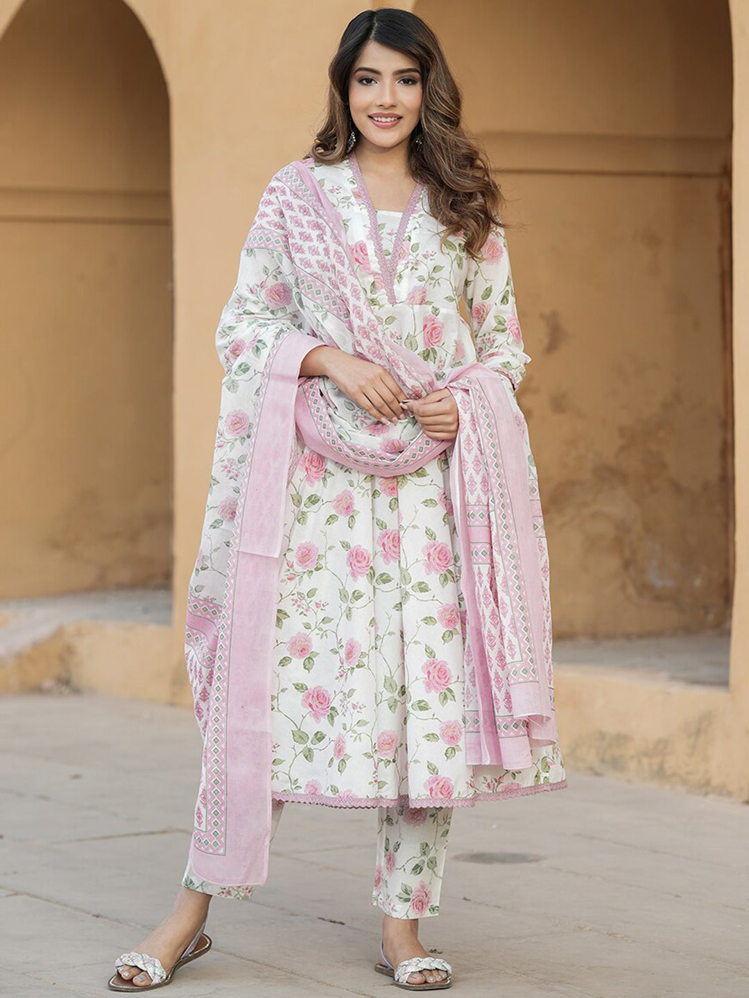 Kalini Women Floral Printed Regular Thread Work Pure Cotton Kurta with Trousers & Dupatta - Distacart