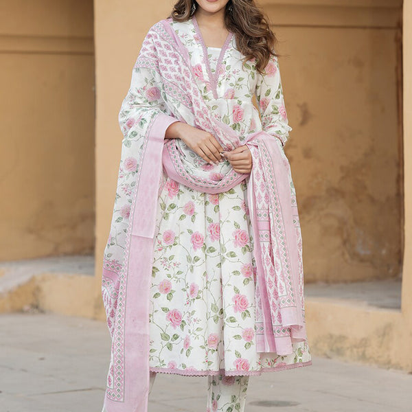 Kalini Women Floral Printed Regular Thread Work Pure Cotton Kurta with Trousers & Dupatta - Distacart