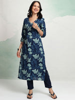 Thumbnail for Vishudh Floral Printed V-Neck Cotton Straight Kurta