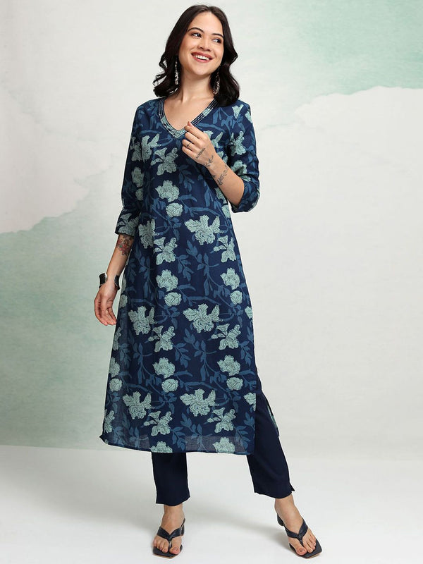 Vishudh Floral Printed V-Neck Cotton Straight Kurta