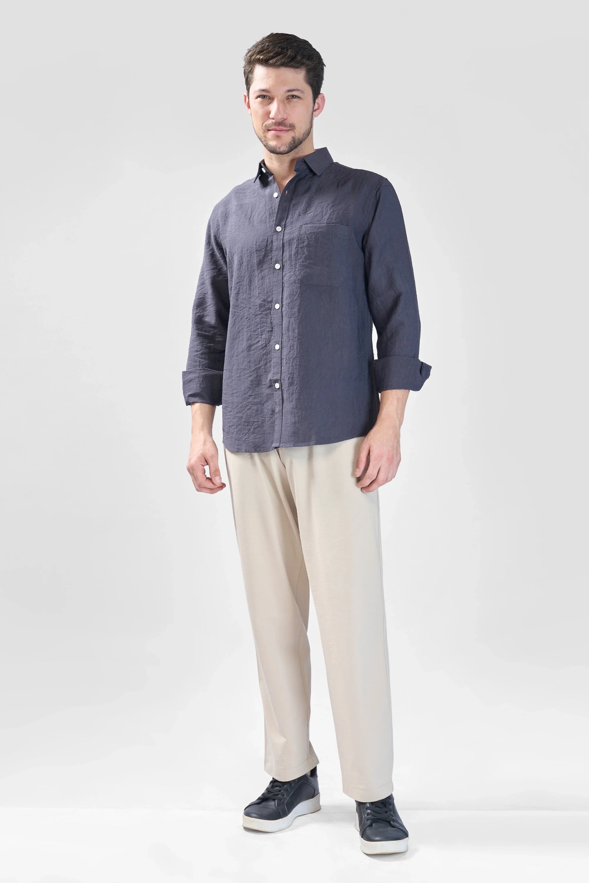 Xkind Dark Grey Crush Wrinkled Regular Fit Shirt