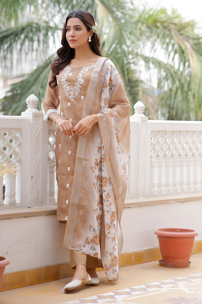 Vaasva Women Brown Linen Kurta Embroidered Kurta Set With Solid Pants & Dupatta - Distacart