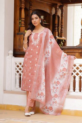 Vaasva Women Pink Linen Kurta Embroidered Kurta Set With Solid Pants & Dupatta - Distacart