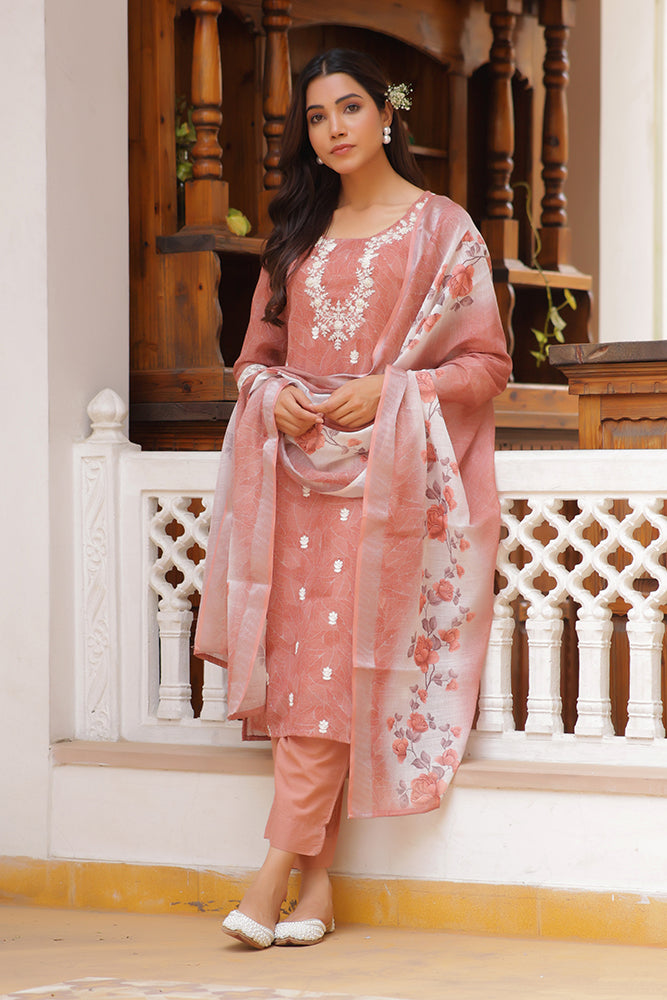 Vaasva Women Pink Linen Kurta Embroidered Kurta Set With Solid Pants & Dupatta - Distacart