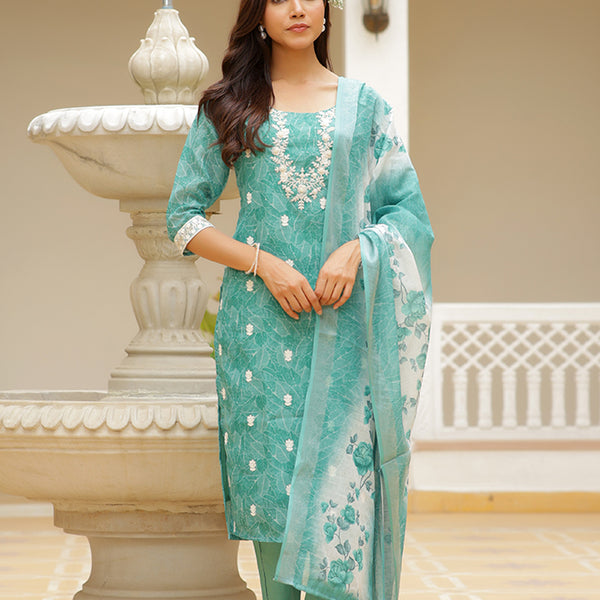 Vaasva Women Green Linen Kurta Embroidered Kurta Set With Solid Pants & Dupatta - Distacart