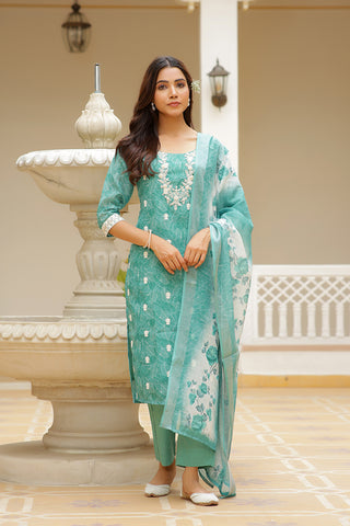 Vaasva Women Green Linen Kurta Embroidered Kurta Set With Solid Pants & Dupatta - Distacart