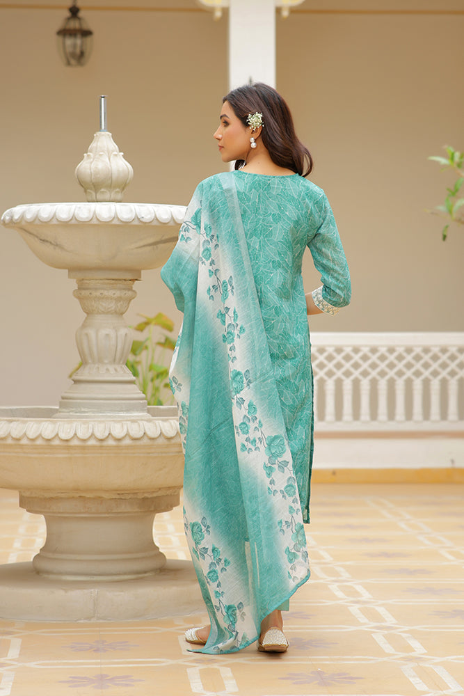 Vaasva Women Green Linen Kurta Embroidered Kurta Set With Solid Pants & Dupatta - Distacart