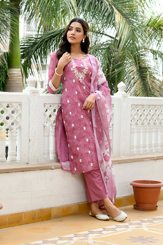 Vaasva Women Mangenta Linen Kurta Embroidered Kurta Set With Solid Pants & Dupatta - Distacart