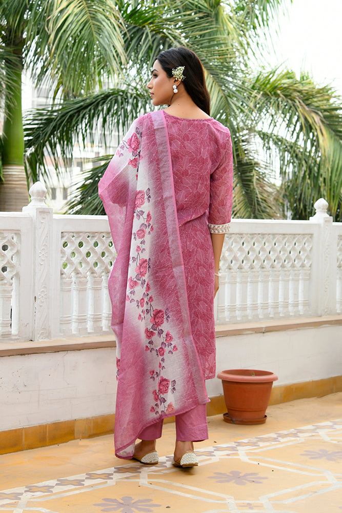 Vaasva Women Mangenta Linen Kurta Embroidered Kurta Set With Solid Pants & Dupatta - Distacart